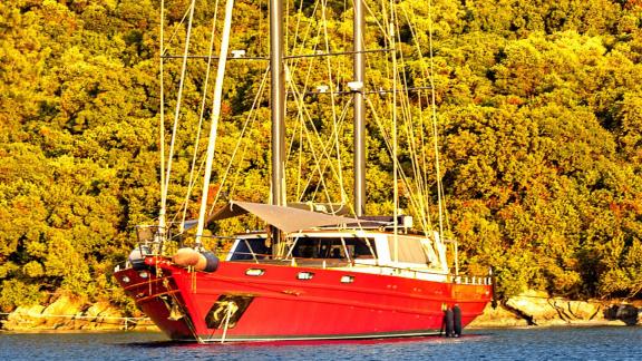 Red yacht in front of wooded shore, sails retracted.